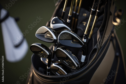 Generative AI image of a bunch of golf clubs. Golf is a sport played with clubs and a small, hard ball on a large outdoor course © hmzphotostory