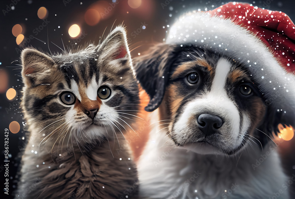 Happy Cat and Dog in Santa Claus costume with bokeh light and snowflakes background. Animal and Christmas day concept. Generative AI Happy Cat and Dog in Santa Claus costume with bokeh light and snowflakes background. Animal and Christmas day concept. Generative AI