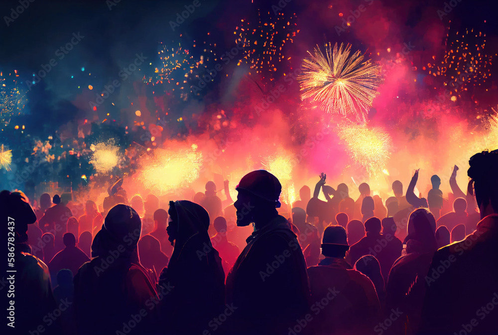 Crowd people in Diwali festival celebration with colorful fireworks on the sky background. Generative AI