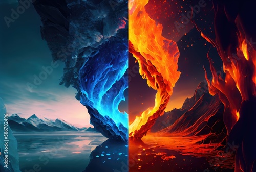 Half fire and half ice mountains with the sky background. Metaphor and conflict concept. Generative AI