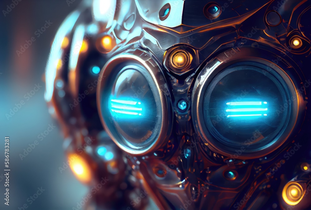 Closeup of blue robot eyes with metallic structure. Technology and Innovation concept. Generative AI Closeup of blue robot eyes with metallic structure. Technology and Innovation concept. Generative AI