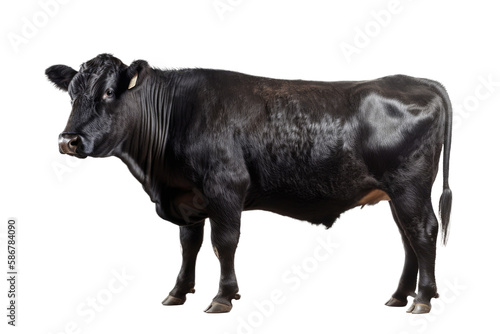 an isolated black cow side portrait, farm-themed photorealistic illustration on a transparent background cutout in PNG, generative ai