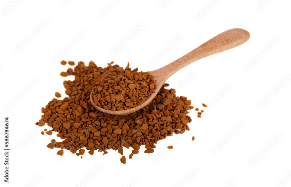 Instant coffee on wooden spoon and scatter on the ground isolated on white background. Instant coffee is a beverage derived from brewed coffee beans that enables people to quickly prepare hot coffee. Instant coffee on wooden spoon and scatter on the ground isolated on white background. Instant coffee is a beverage derived from brewed coffee beans that enables people to quickly prepare hot coffee.