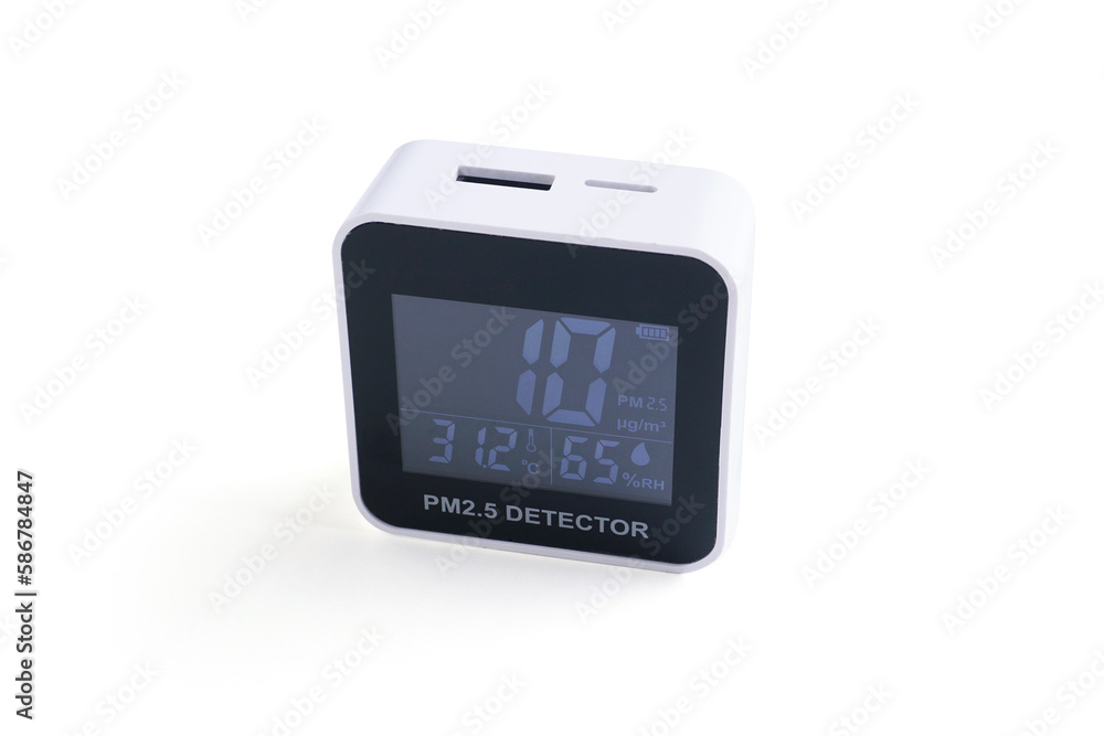 PM 2.5 Detector isolated on white background. Dust meter 3in1 with sensor, measure PM2.5, measure temperature and measure humidity in the air in one device. USB Rechargeable battery. PM 2.5 Detector isolated on white background. Dust meter 3in1 with sensor, measure PM2.5, measure temperature and measure humidity in the air in one device. USB Rechargeable battery.