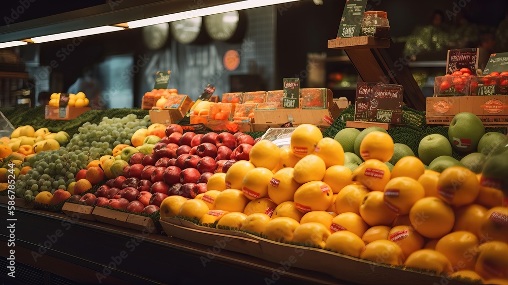 bustling grocery store showcasing an array of fresh fruits and vegetables - AI Generated