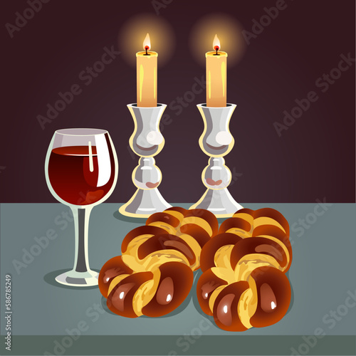 Shabbat background with candles, challahs and kiddush wine 