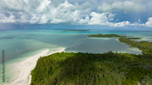Aerial view of islands with a sandy beach and turquoise water. Punta Sebaring, Balabac, Palawan. Philippines.