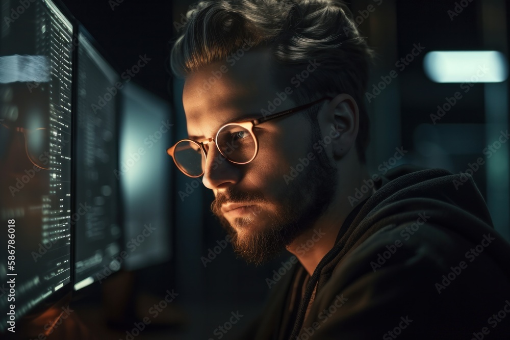 Focused developer coder wears glasses working on computer looking at programming code data cyber security digital tech reflecting in spectacles developing software program, focus on eye close up view. Focused developer coder wears glasses working on computer looking at programming code data cyber security digital tech reflecting in spectacles developing software program, focus on eye close up view.