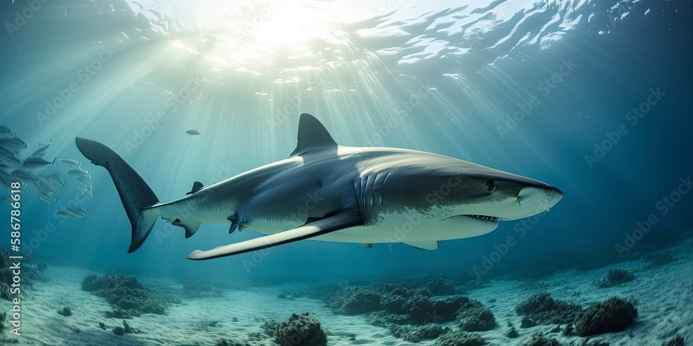 Fototapeta premium A predator great white shark swimming in the ocean, Generative AI