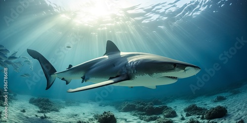 A predator great white shark swimming in the ocean, Generative AI © Ziyasier