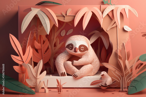 paper art style, loth with baby Kirigami card: Create a card with a sloth holding its baby, amazon animal photo