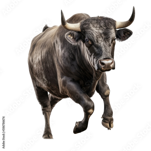 a Bull black cow, running, frontal view with Ranch-themed, photorealistic illustrations in PNG. Generative AI