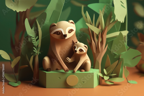 paper art style, loth with baby Kirigami card: Create a card with a sloth holding its baby, amazon animal photo