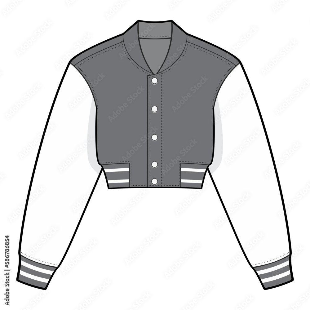 Cropped varsity jacket fashion technical drawing template. bomber