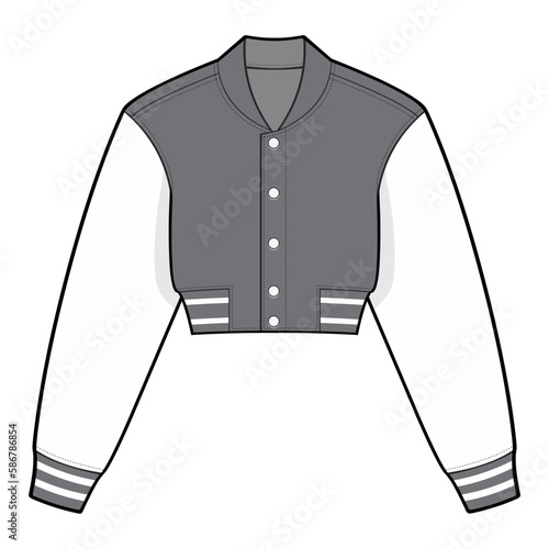 Cropped varsity jacket fashion technical drawing template. bomber jacket Illustration. front and back view, Black and white color, CAD mockup.