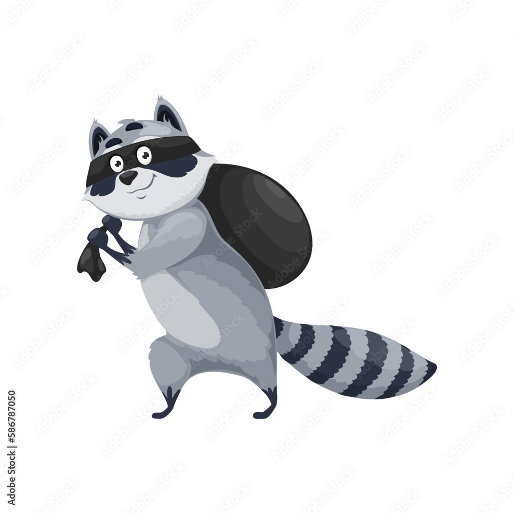 Cartoon raccoon character, isolated vector racoon wild forest animal bandit or thief wear black robber mask carrying big sack with stolen food or things. Coon villain personage for kids book or game - obrazy, fototapety, plakaty 