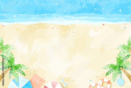 ほのぼのとした海と砂浜とヤシの木のある風景イラスト