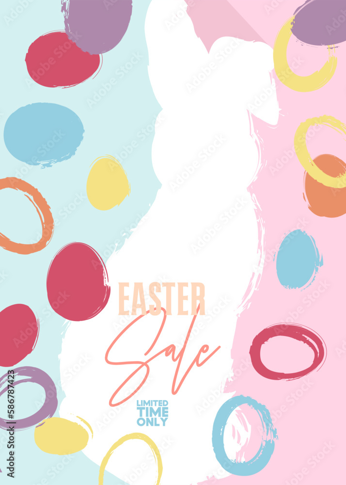 Easter Sale Poster with big rabbit and colorful eggs. Elegant Holiday offer design. Discount with painted bunny and egg. Modern minimal template in pastel colors.