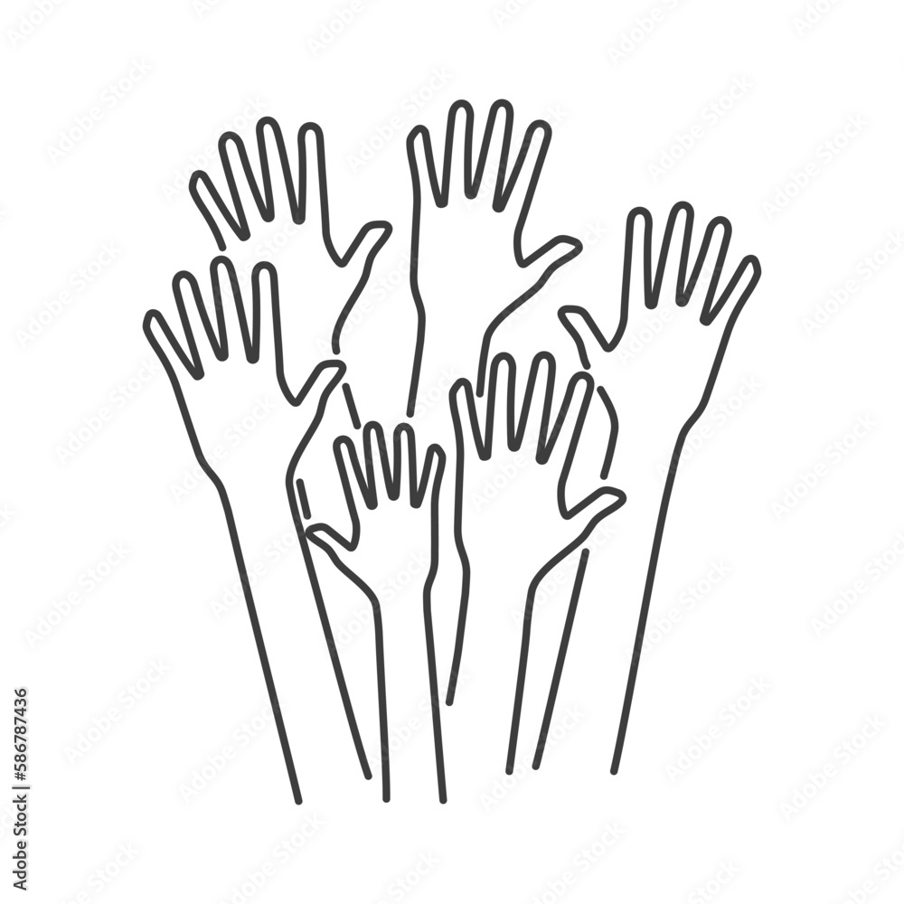 Volunteers and charity work. Raised helping hands. Vector icon background banner illustrations with a crowd of people ready and available to help and contribute. Positive foundation, business, service Volunteers and charity work. Raised helping hands. Vector icon background banner illustrations with a crowd of people ready and available to help and contribute. Positive foundation, business, service