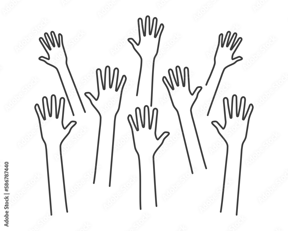 Fototapeta premium Volunteers and charity work. Raised helping hands. Vector icon background banner illustrations with a crowd of people ready and available to help and contribute. Positive foundation, business, service