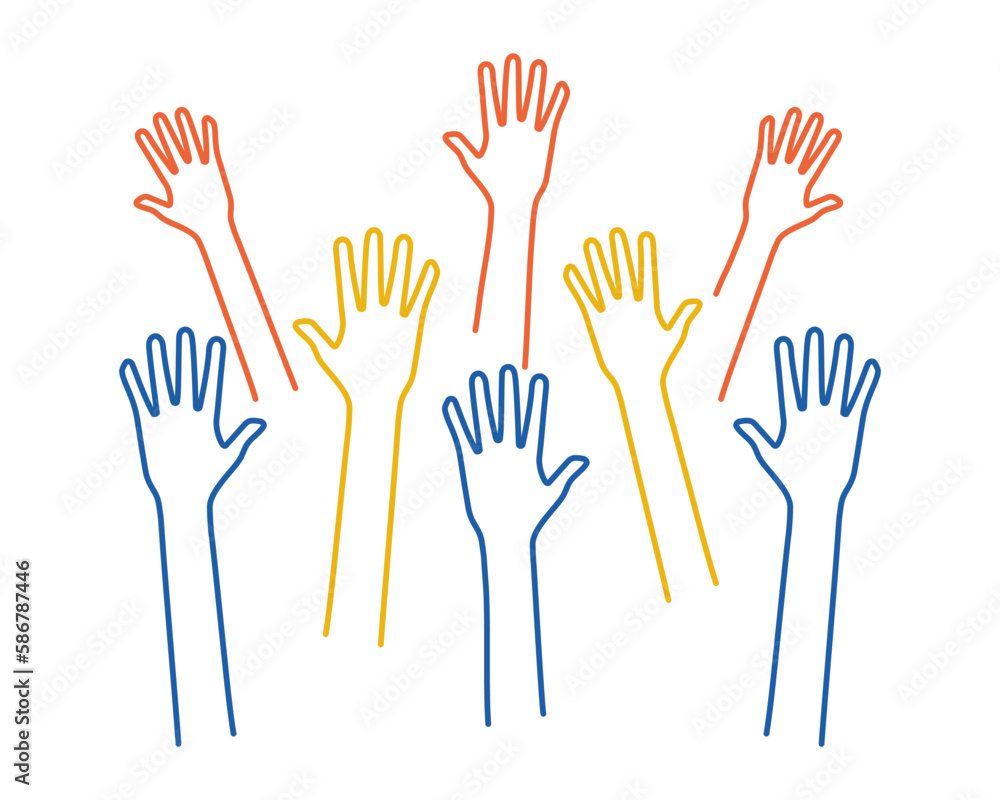 Volunteers and charity work. Raised helping hands. Vector icon background banner illustrations with a crowd of people ready and available to help and contribute. Positive foundation, business, service Volunteers and charity work. Raised helping hands. Vector icon background banner illustrations with a crowd of people ready and available to help and contribute. Positive foundation, business, service
