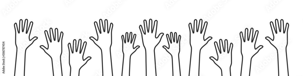 Volunteers and charity work. Raised helping hands. Vector icon background banner illustrations with a crowd of people ready and available to help and contribute. Positive foundation, business, service Volunteers and charity work. Raised helping hands. Vector icon background banner illustrations with a crowd of people ready and available to help and contribute. Positive foundation, business, service