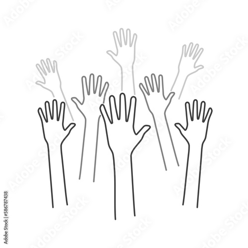 Volunteers and charity work. Raised helping hands. Vector icon background banner illustrations with a crowd of people ready and available to help and contribute. Positive foundation, business, service
