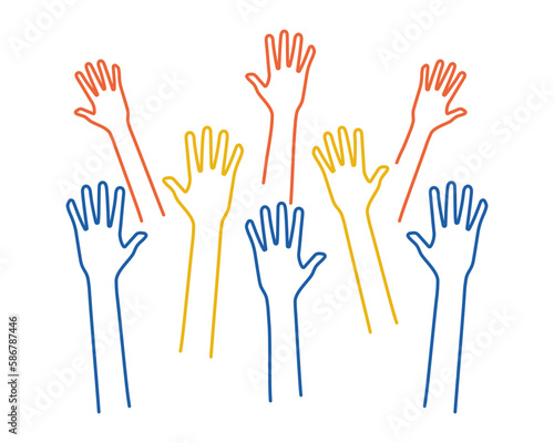 Volunteers and charity work. Raised helping hands. Vector icon background banner illustrations with a crowd of people ready and available to help and contribute. Positive foundation, business, service
