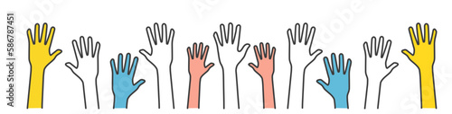 Volunteers and charity work. Raised helping hands. Vector icon background banner illustrations with a crowd of people ready and available to help and contribute. Positive foundation, business, service