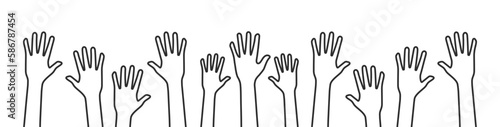 Volunteers and charity work. Raised helping hands. Vector icon background banner illustrations with a crowd of people ready and available to help and contribute. Positive foundation, business, service