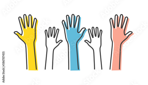 Volunteers and charity work. Raised helping hands. Vector icon background banner illustrations with a crowd of people ready and available to help and contribute. Positive foundation, business