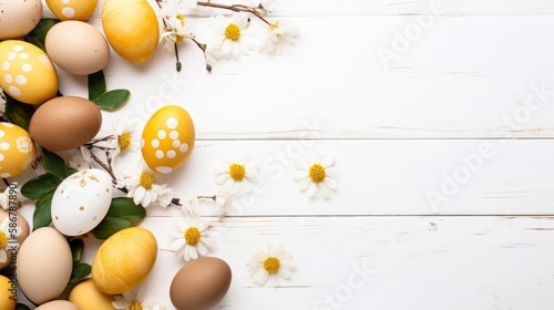 Easter eggs on a white wooden table with a white background. Generative AI