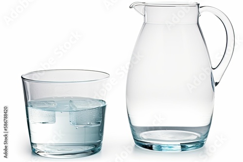 Water filled jug and glass isolated on a white background. Generative AI