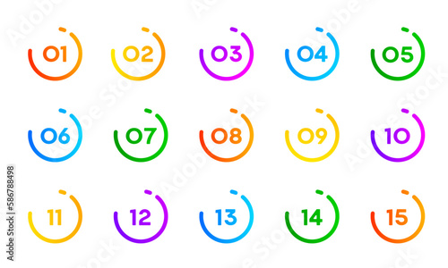Number bullet point icons 1 to 15, vector circle buttons for infographic or info list. Number bullet points for presentation page marker in round color gradient line or circle frames