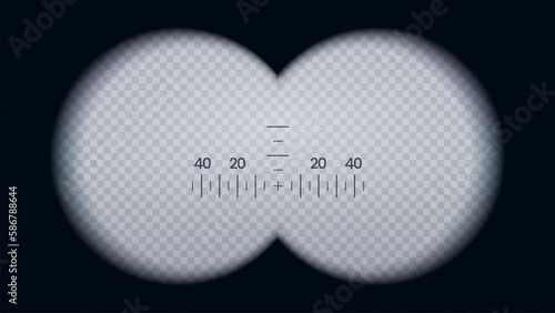 Binoculars view, isolated vector frame in shape of glasses for observation or spying on distant objects with circle lens and focus measurement scale. Optical vision device for magnifying with scale
