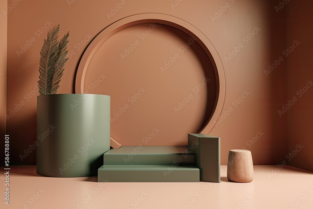 square layout blank mockup brown podium green arch and circular circle backdrop. Generative AI square layout blank mockup brown podium green arch and circular circle backdrop. Generative AI