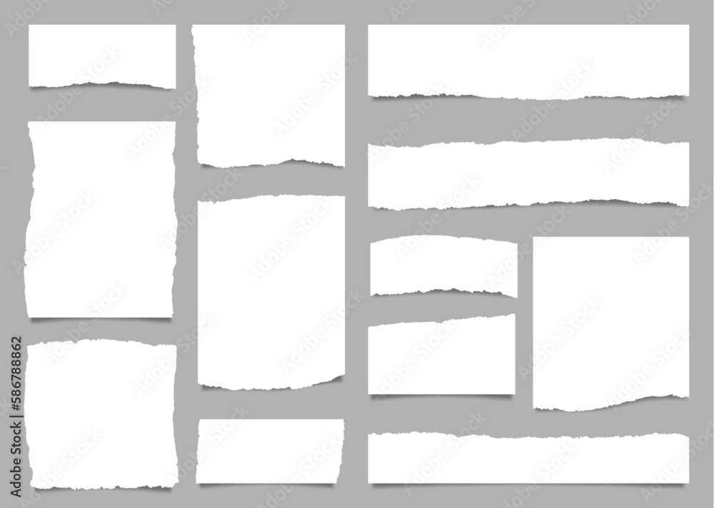 White torn paper rip pieces of sheet edge, note scrap or notebook pages, vector backgrounds. Notepad torn paper for message note, page or banner and cardboard blank ripped piece strips - obrazy, fototapety, plakaty 