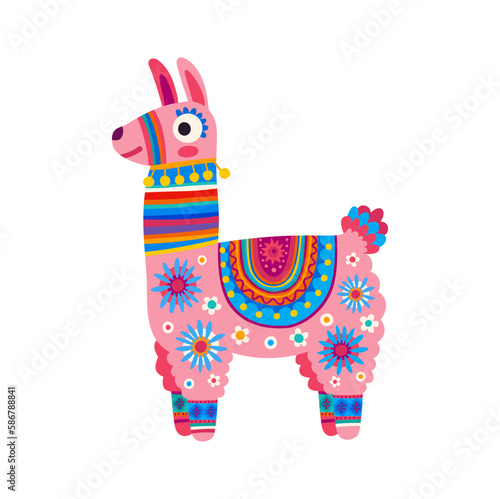 Cartoon llama or cute alpaca with floral prints, comic animal character personage. Vector pink llama with flowers, ethnic accessories or neck