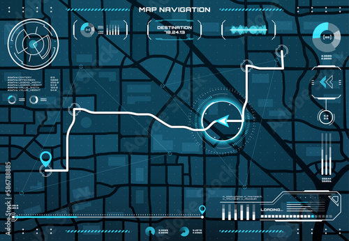 HUD navigation interface. Map of location in modern computer game. Information window for orientation on terrain. Display of movement of player. Data about route, speed and time to reach destination