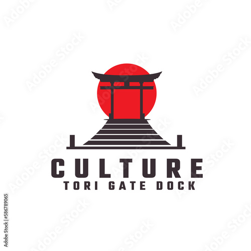 pier dock with torii gate traditional japan logo vector icon symbol illustration design