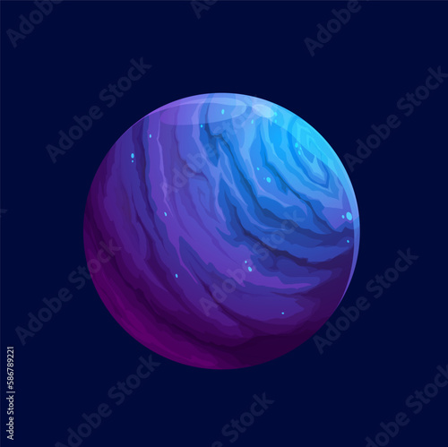 Cartoon fantasy blue violet space planet, vector galaxy game icon. Alien universe earth or star landscape for space world UI or kid galaxy game, mega giant cosmic planet with blue surface