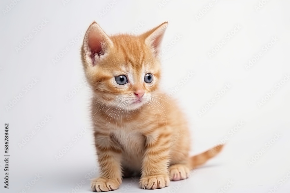 On a white background, there is a small ginger kitten. Generative AI On a white background, there is a small ginger kitten. Generative AI
