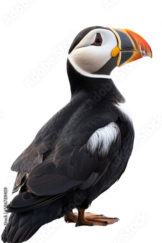 an up-close photographic illustration of an Alaskin puffin bird at rest on a transparent background in PNG. Generative AI © Purple Penguin GFX