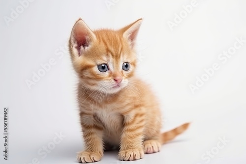 On a white background, there is a small ginger kitten. Generative AI