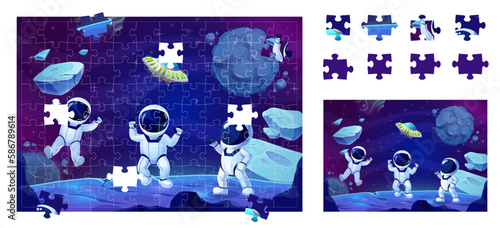 Space jigsaw puzzle game pieces. Cartoon astronauts on galaxy planet surface. Educational or recreational vector worksheet for preschool children activity with funny cosmonauts, ufo and fell out parts
