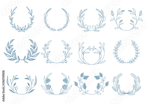 やさしい色の植物のボタニカルなリース、ベクターイラストセット、PNG、透過