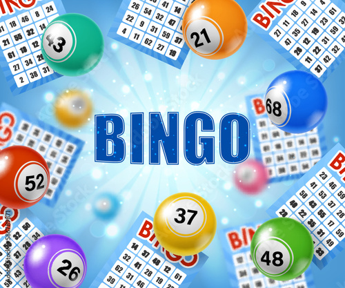 Bingo lottery tickets and balls. Casino lotto lucky bet, gamble luck opportunity or bingo game jackpot win realistic vector concept. Gambling lottery, fortune chance 3d backdrop with light explosion