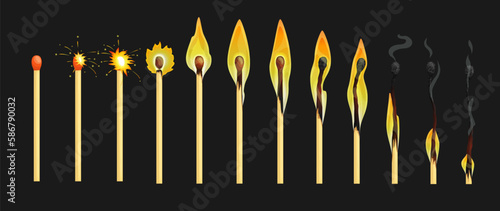 Burning match animation, stages of matchstick ignition from whole new to complete combustion and charring vector sprite sheet. Match stick with normal, burning and burnt sulphur cartoon sequence frame