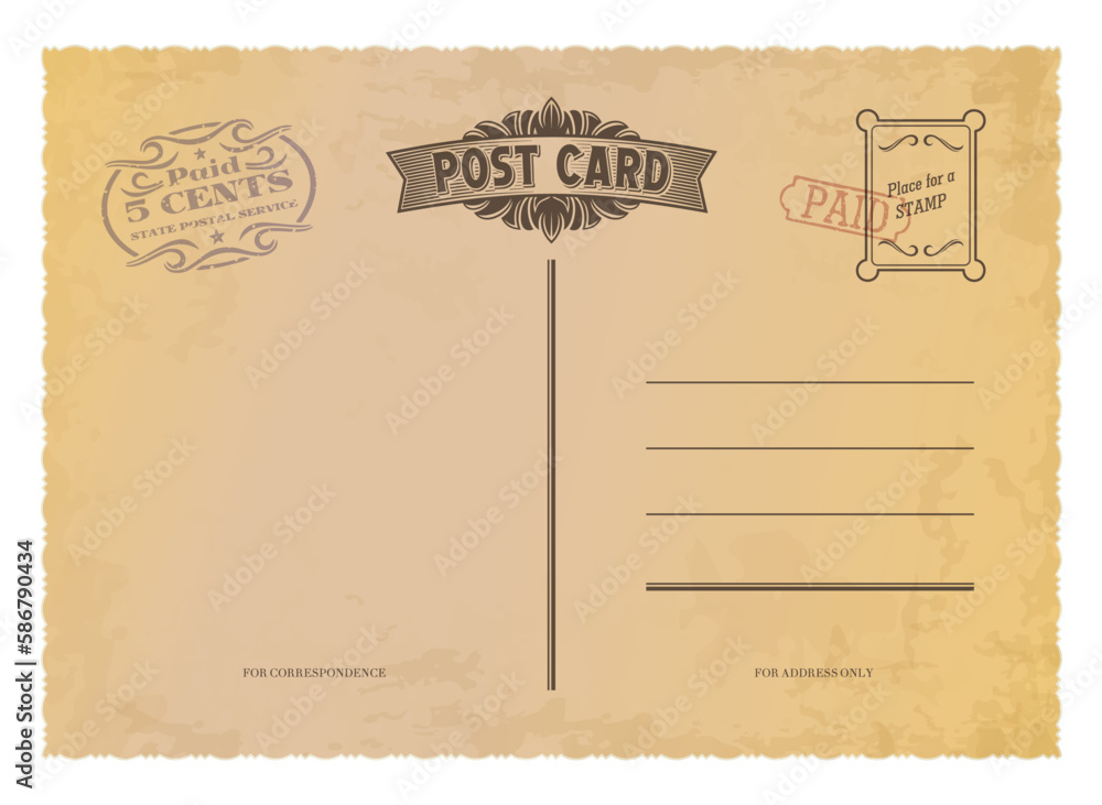 Antique postcard, retro postage stamp on vintage mail. Vector template with worn-out texture, elegant and sophisticated invitation, message, greeting or post card with touch of nostalgia and charm
