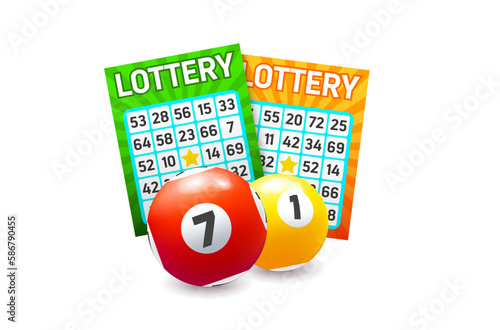 Bingo lottery and balls. Isolated 3d vector lotto game tickets for checking availability of winning numbers. Luck, win money or prize in keno, play casino gambling game, raffle and winner success